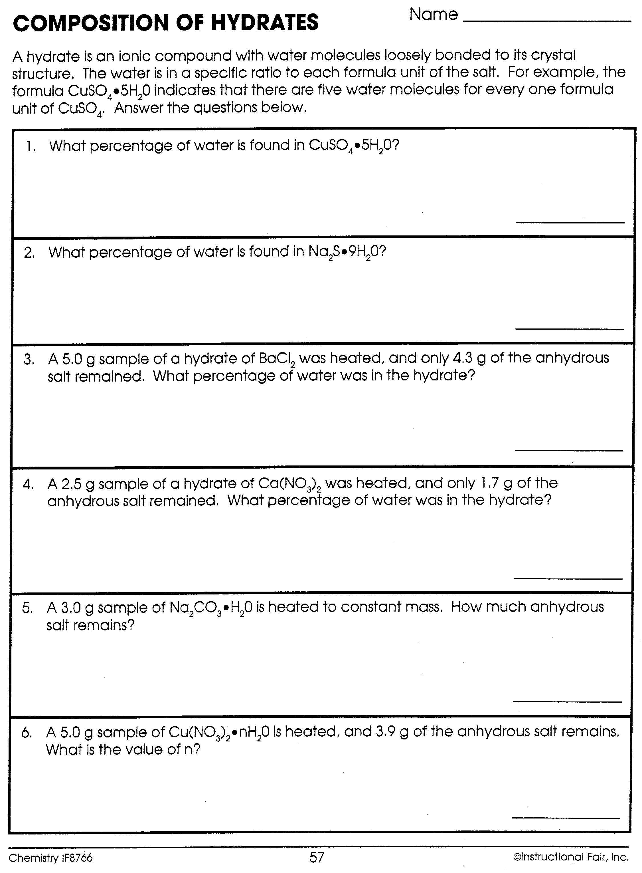 Hydrates Worksheet Answers : Hydrate Worksheet Hydrate Worksheet Name