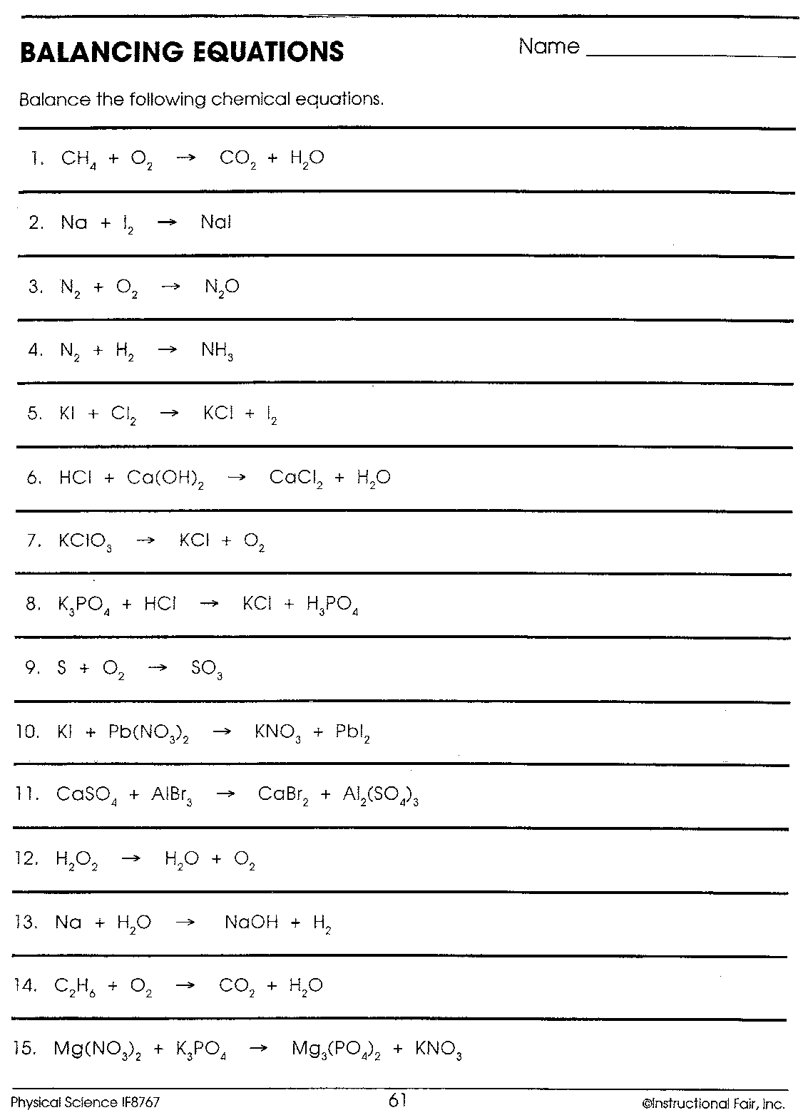 balancing equations worksheet answers physical science if8767